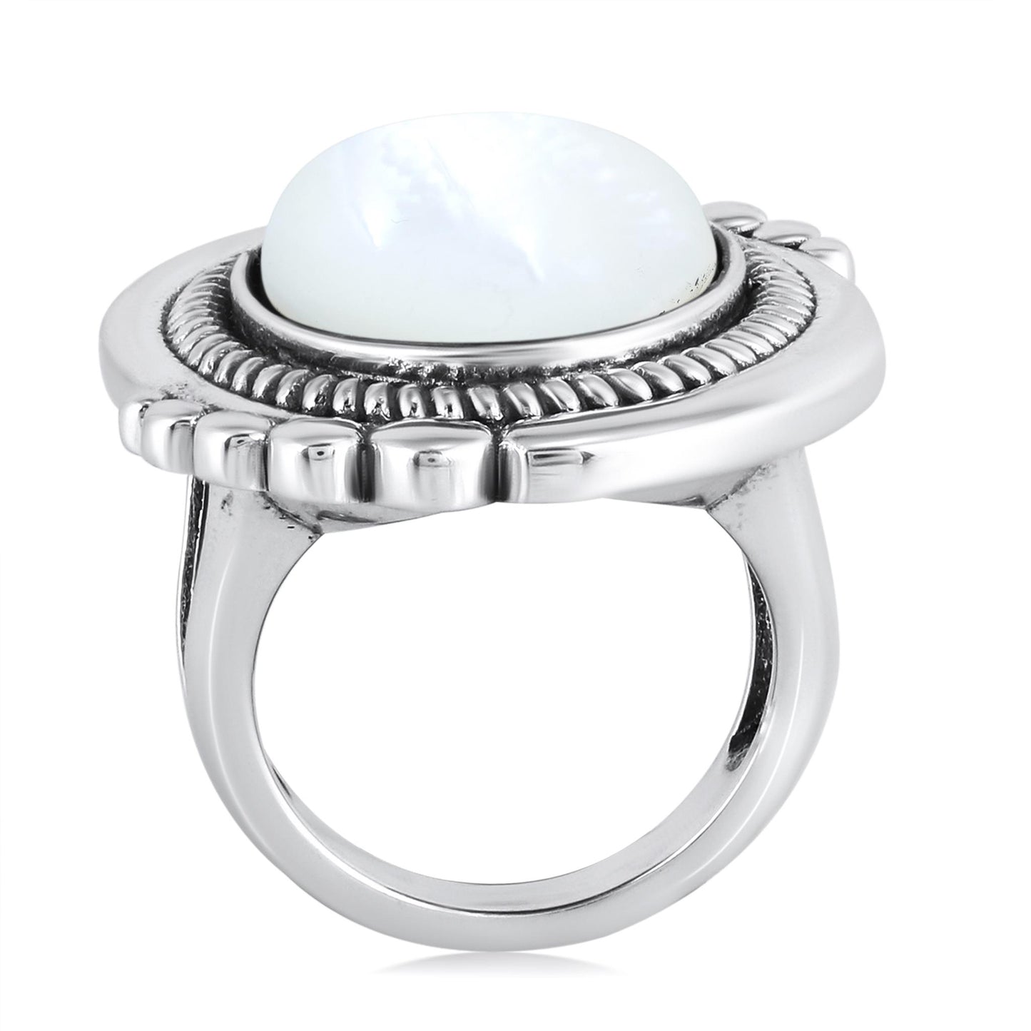 Sterling Silver White Mother of Pearl Oval Beaded Ring