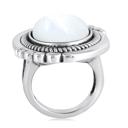 Sterling Silver White Mother of Pearl Oval Beaded Ring