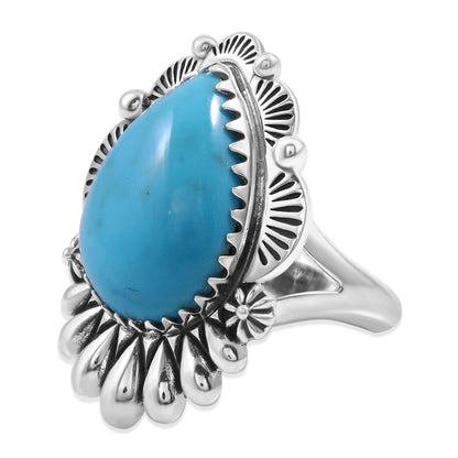 Sterling Silver Kingman Turquoise Pear Cut Ring, Sizes 5 to 11