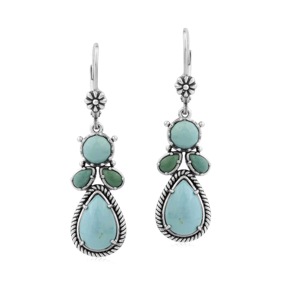 Sterling Silver Kingman and Green Turquoise Cluster Lever Back Earrings 