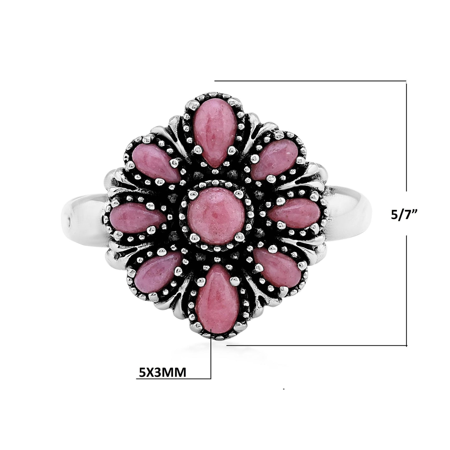  Sterling Silver Rhodonite Flower Cluster Ring, Sizes 5 to 10