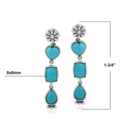 Sterling Silver Kingman Turquoise Gemstone Heart, Rectangle and Pear Concha Post Dangle Earrings 