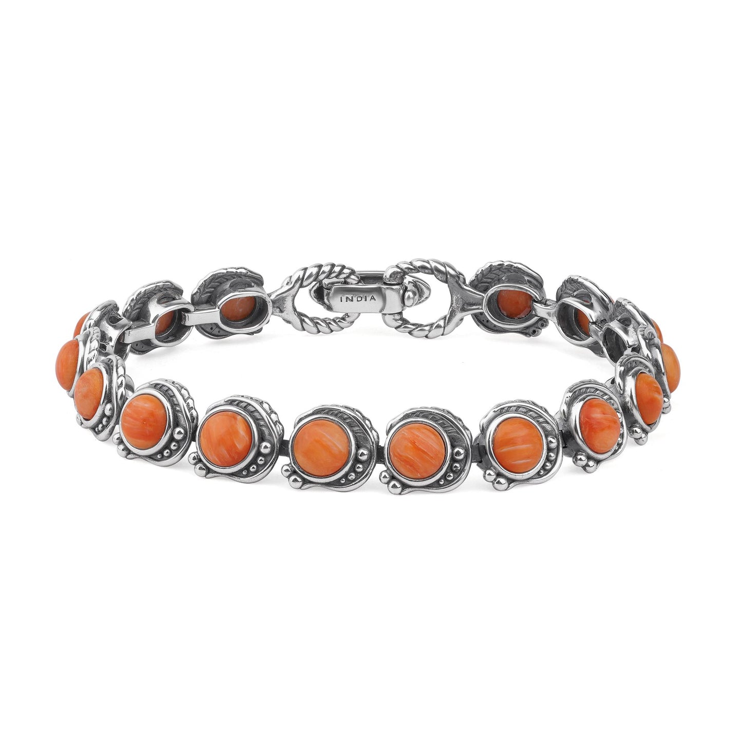 LIMITED EDITION! Sterling Silver Orange Spiny Oyster Round Cabochon Tennis Bracelet, Sizes Small to Large