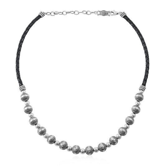 Sterling Silver Black Leather Native Pearl Beaded Necklace