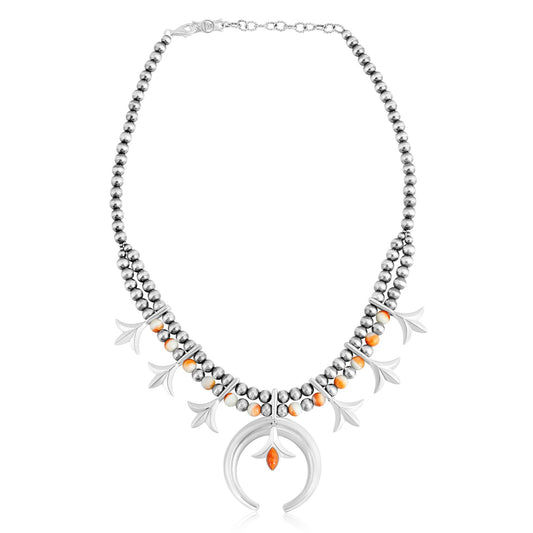 Sterling Silver Orange Spiny Oyster Bead Squash Blossom Necklace