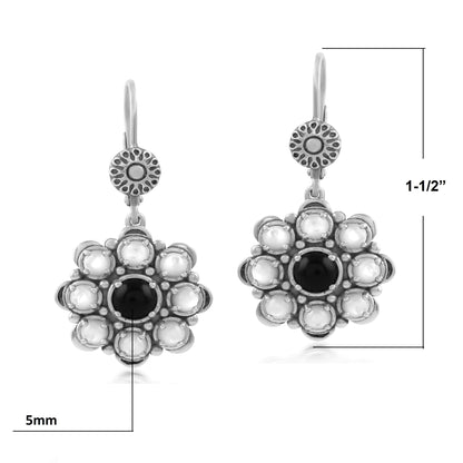 Sterling Silver Black Onyx and White Mother of Pearl Flower Cluster Earrings