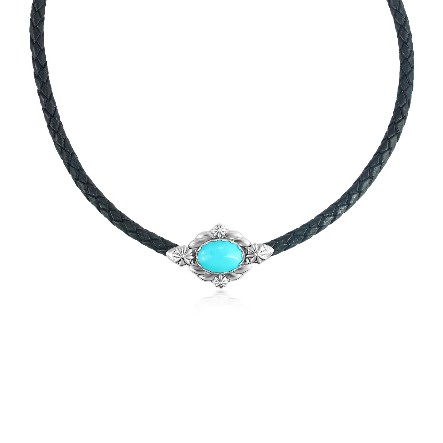 Sterling Silver Kingman Turquoise Black Braided Leather Necklace, 17 to 20 Inches