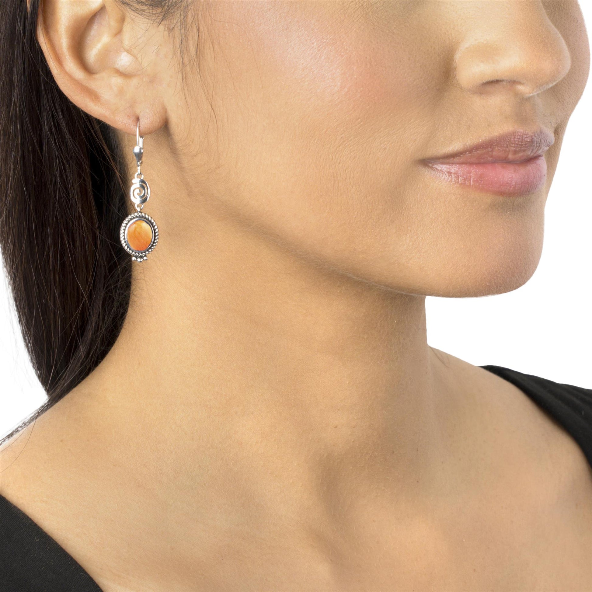 Sterling Silver Orange Spiny Oyster Life Spiral Drop and Dangle Earrings
