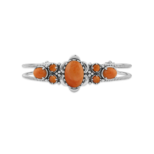  Sterling Silver Orange Spiny Oyster Oval and Round Open Cuff Bracelet