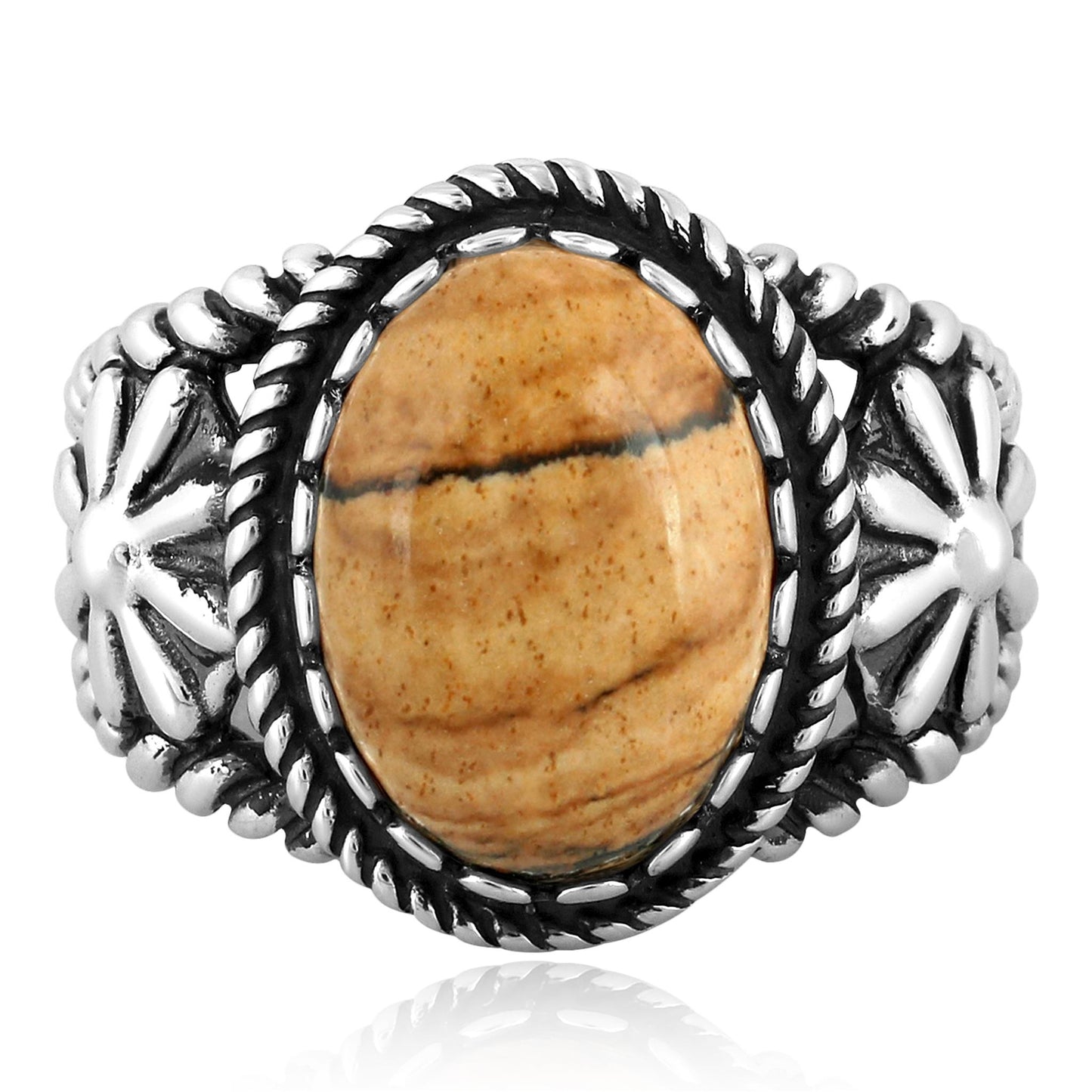 Sterling Silver Picture Jasper Concha Flower Design Ring, Sizes 5 to 10