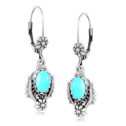Sterling Silver Sleeping Beauty Turquoise Oval Concha and Leaf Dangle Earrings