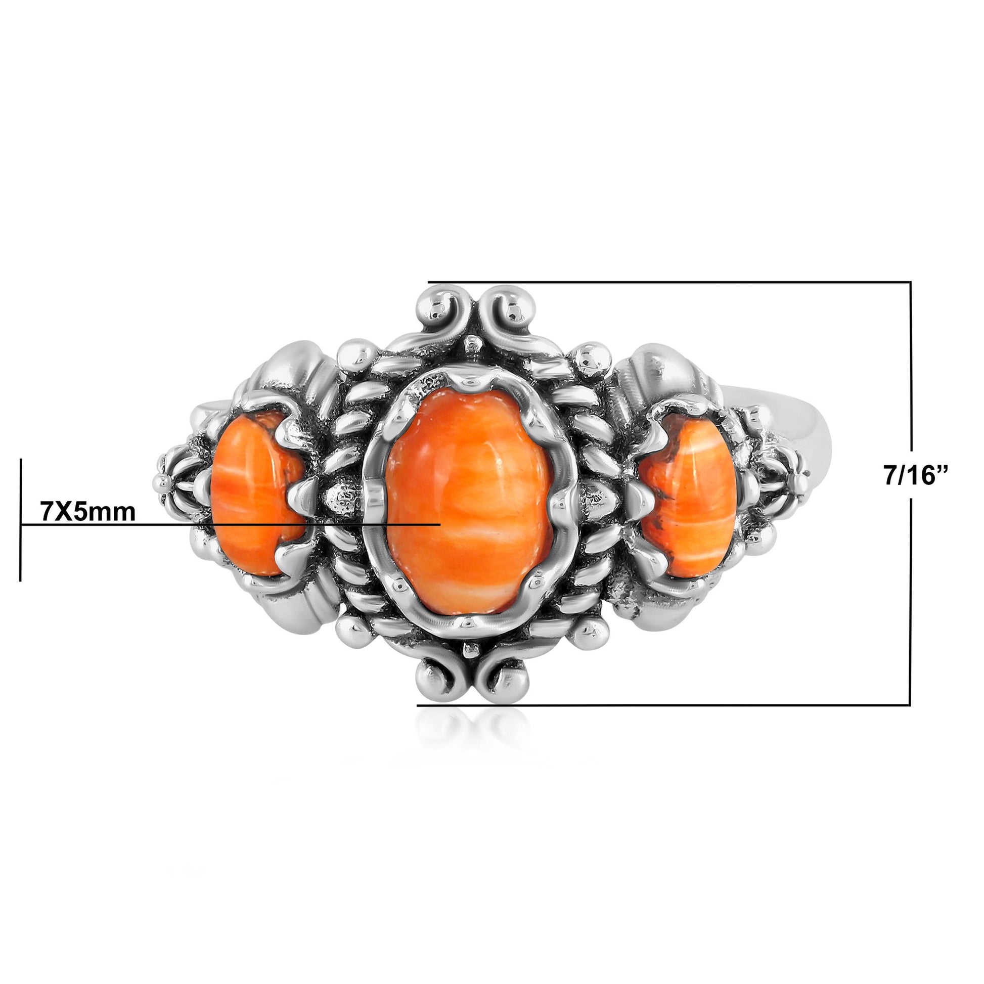 Sterling Silver Orange Spiny Oyster 3-Stone Oval Scalloped Bezel Ring, Sizes 5 to 10