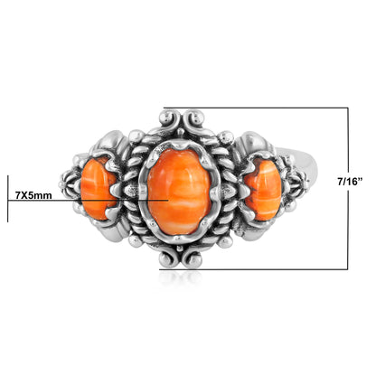 Sterling Silver Orange Spiny Oyster 3-Stone Oval Scalloped Bezel Ring, Sizes 5 to 10