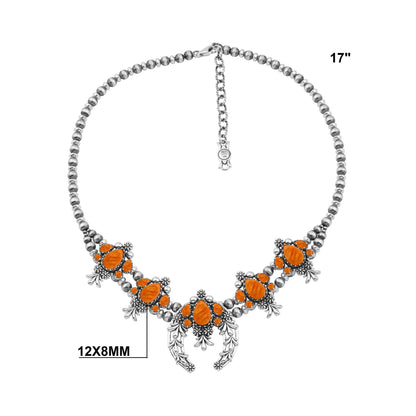 LIMITED EDITION! Sterling Silver Orange Spiny Oyster Pear Cut Squash Blossom Naja Necklace, 17 to 20 Inches