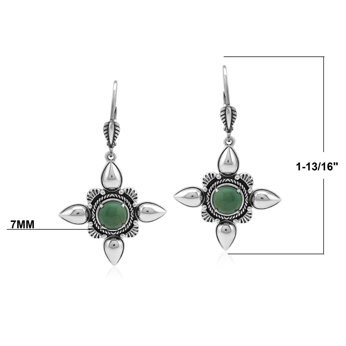 Sterling Silver Green Turquoise Compass Star Lever Back Earrings