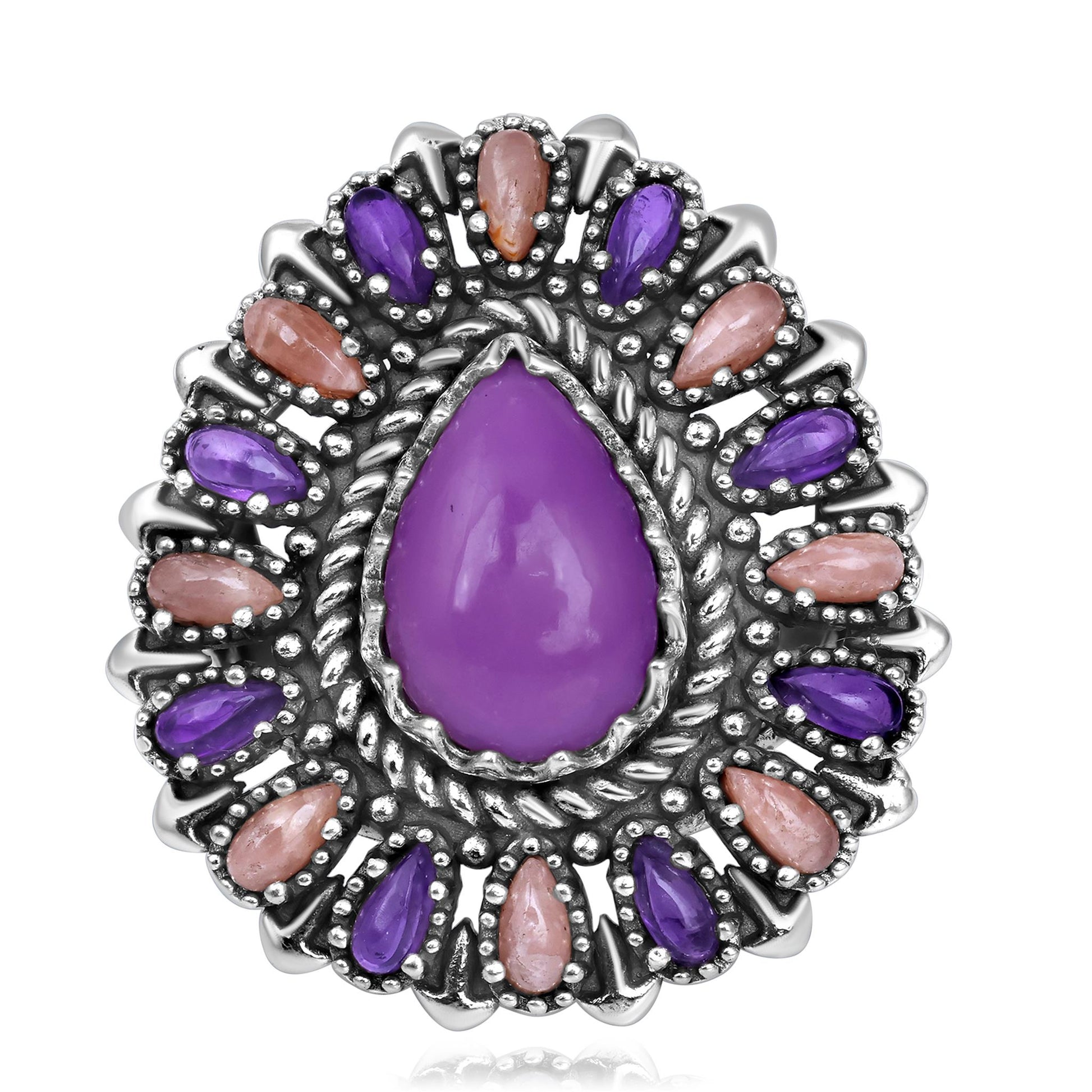 Sterling Silver Phosphosiderite, Rhodochrosite and Amethyst Pear-Shaped Cluster Ring