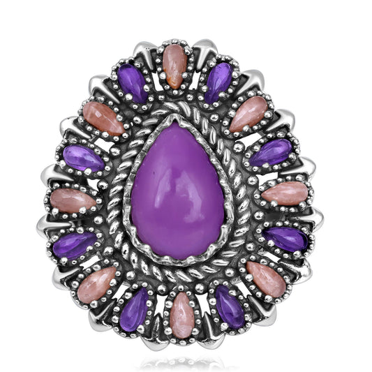 Sterling Silver Phosphosiderite, Rhodochrosite and Amethyst Pear-Shaped Cluster Ring