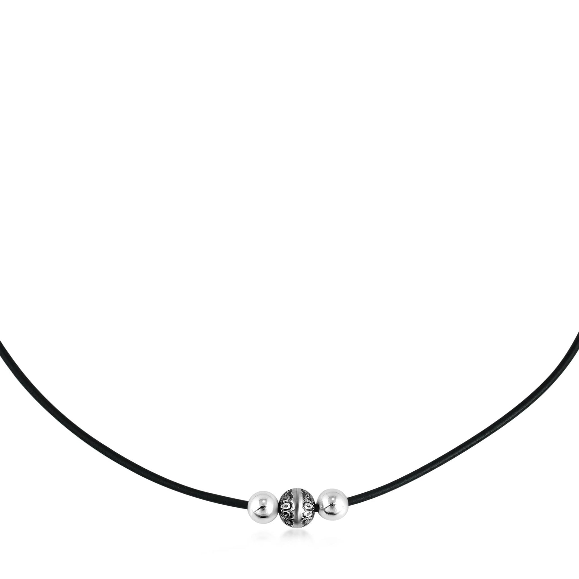 Sterling Silver Black Leather 3 Bead Necklace