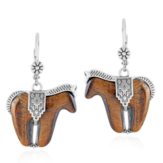 Sterling Silver Tiger's Eye Spirit Horse Lever Back Earrings