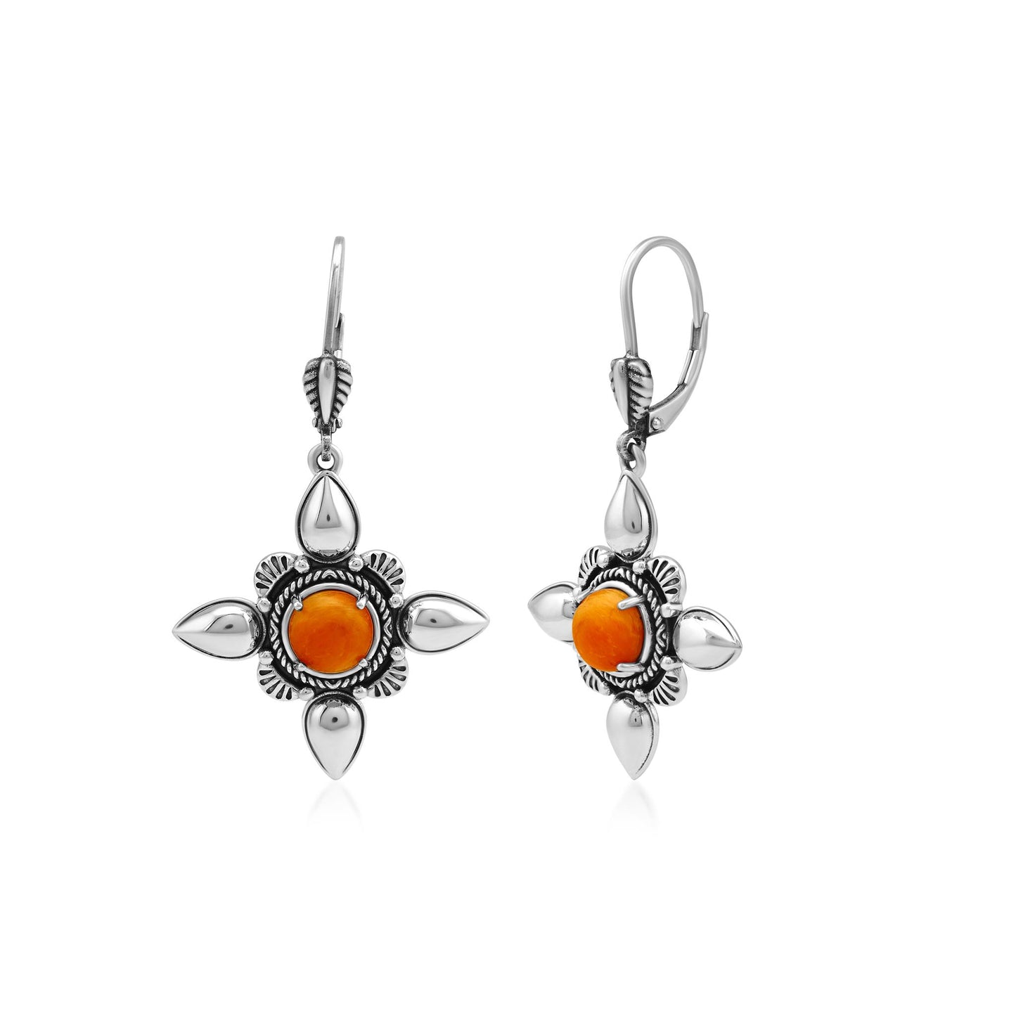 Sterling Silver Orange Spiny Oyster Compass Star Lever Back Earrings