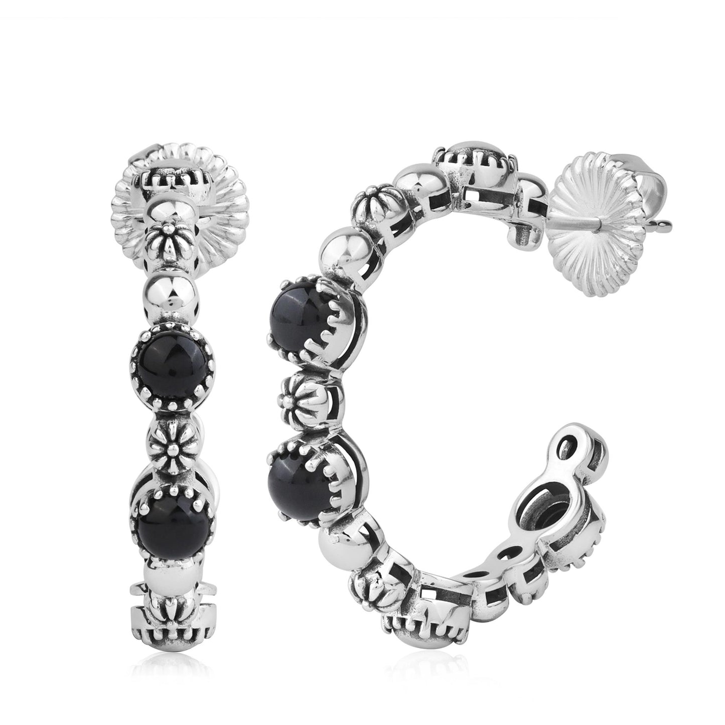 Sterling Silver Black Agate 1 Inch Concha Hoop Earrings 