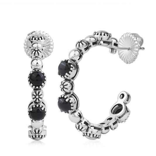 Sterling Silver Black Agate 1 Inch Concha Hoop Earrings 
