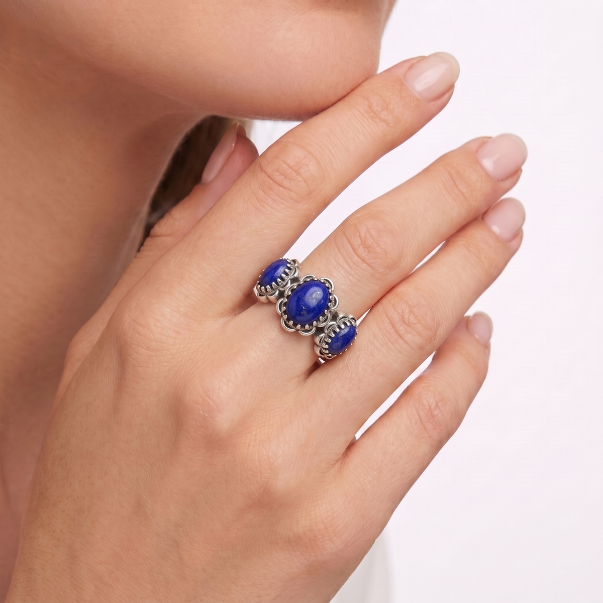 Sterling Silver Lapis Concha 3 Stone Ring, Sizes 5 to 11