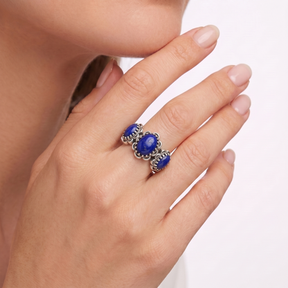 Sterling Silver Lapis Concha 3 Stone Ring, Sizes 5 to 11