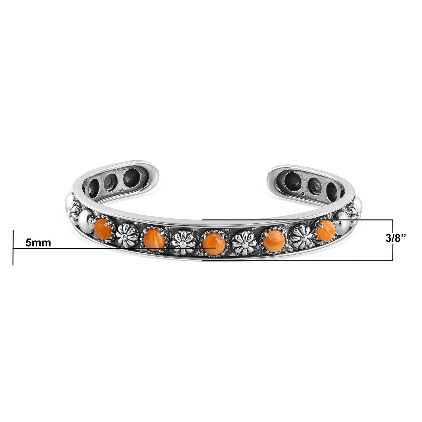 Sterling Silver Orange Spiny Oyster Concha Flower Narrow Cuff Bracelet, Sizes Small to Large