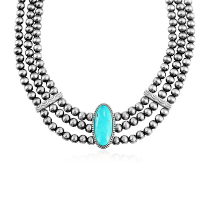 Sterling Silver Kingman Turquoise Oval Cut Triple-Row Beaded Necklace, 17 to 20 Inches