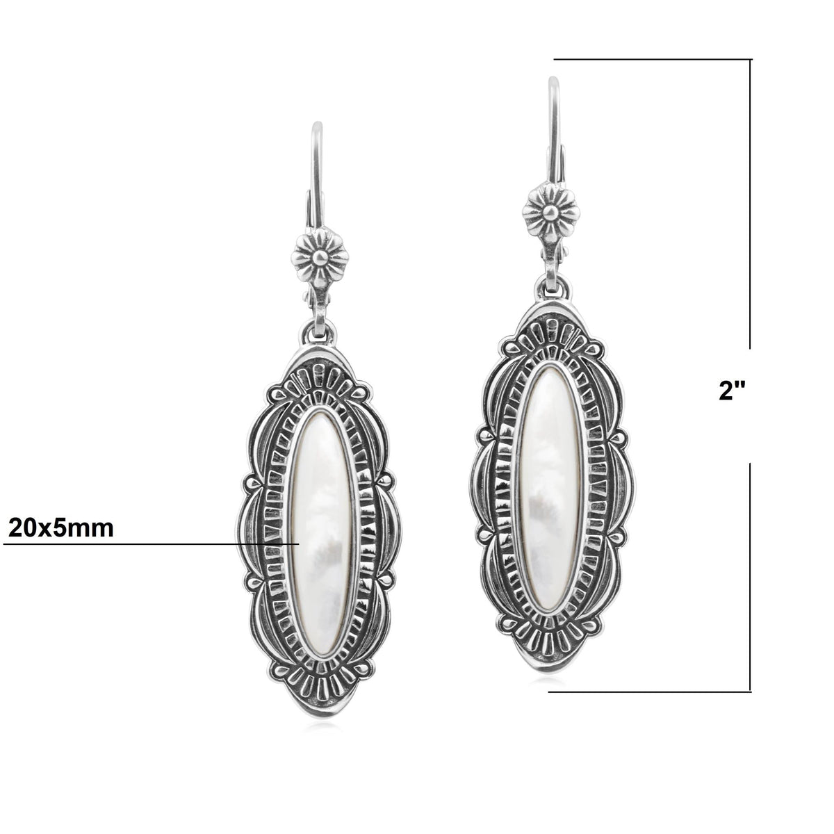 Sterling Silver White Mother of Pearl Elongated Oval Textured Lever Back Earrings 