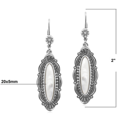 Sterling Silver White Mother of Pearl Elongated Oval Textured Lever Back Earrings 
