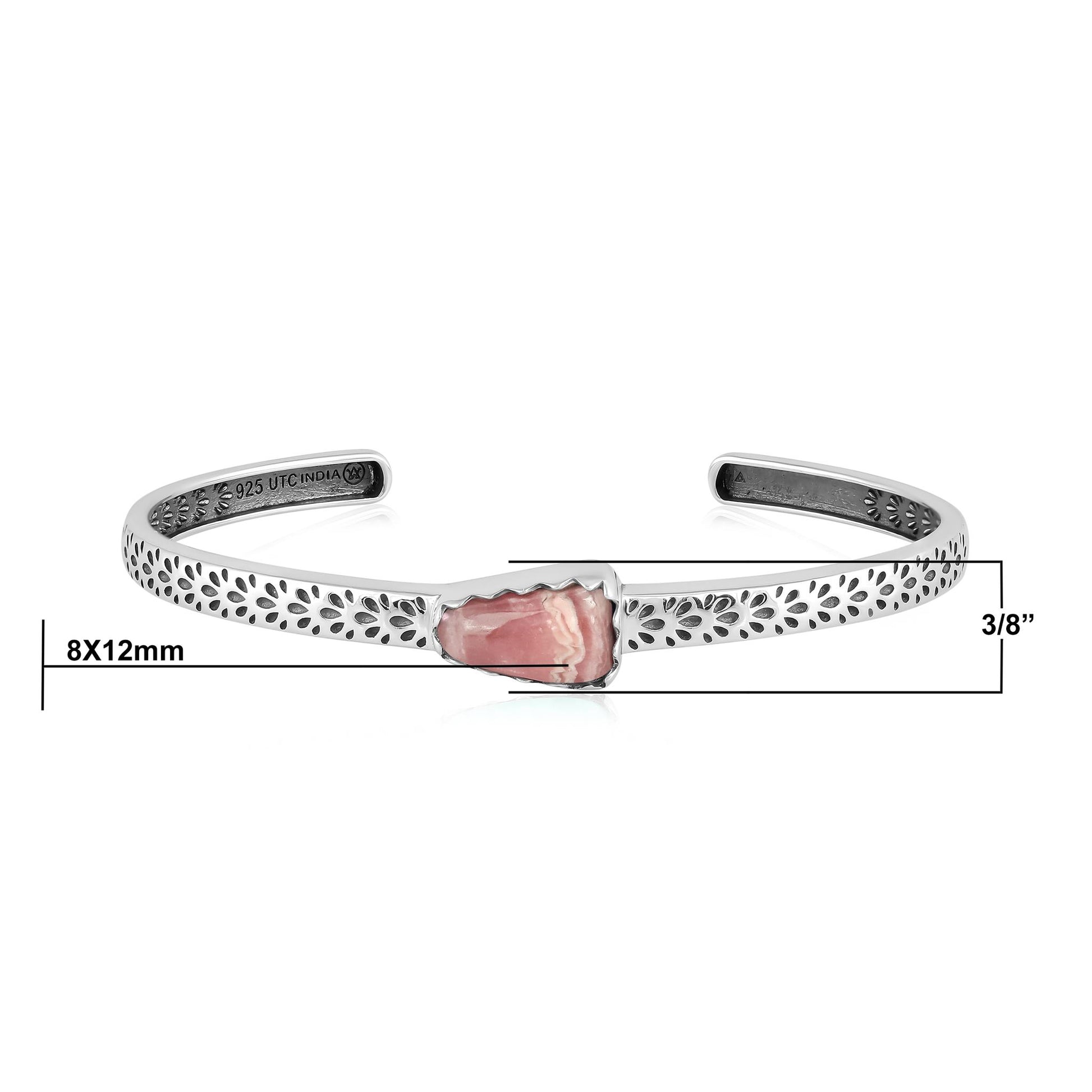 Sterling Silver Rhodochrosite Fancy Cut Stackable Cuff Bracelet, Sizes Small to Large