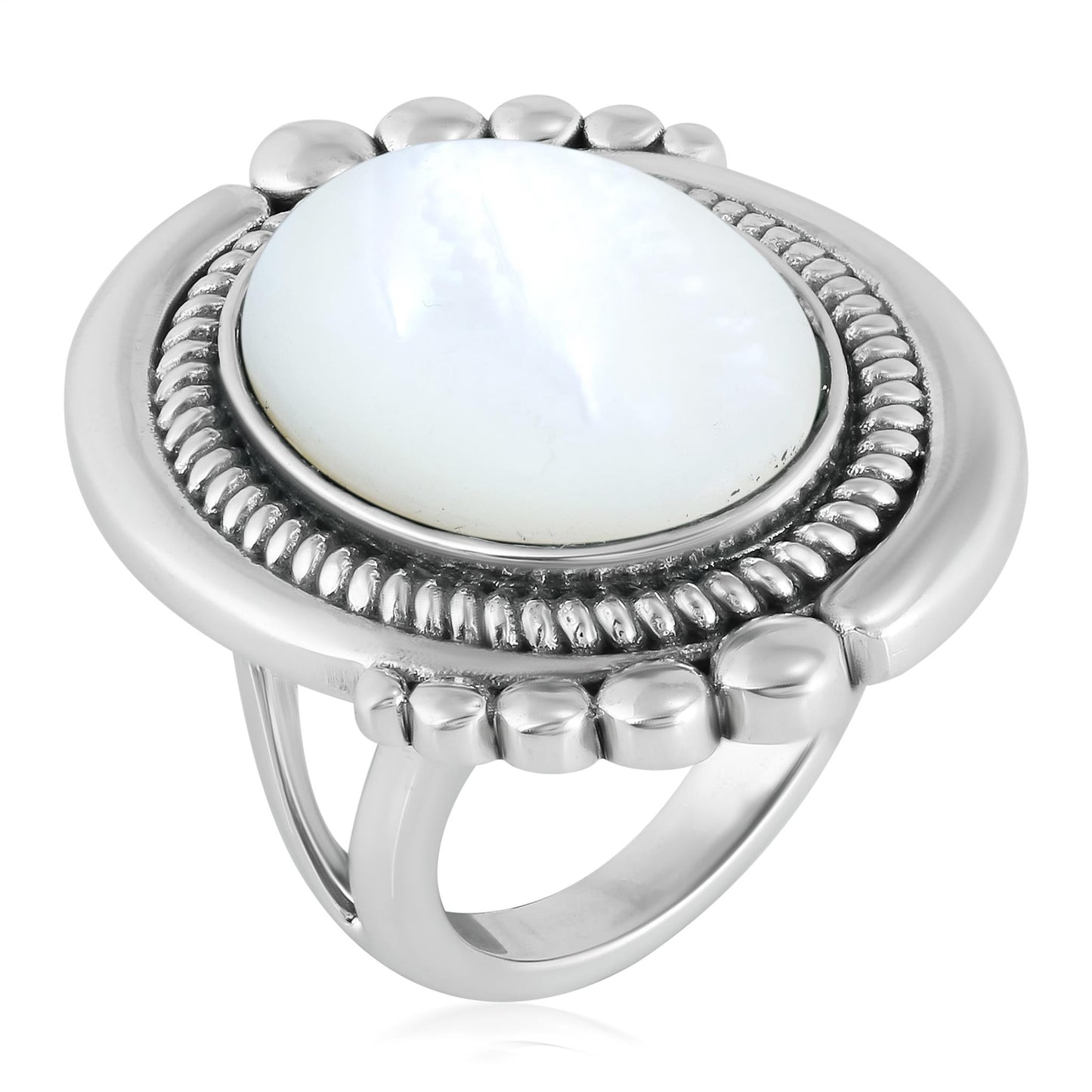 Sterling Silver White Mother of Pearl Oval Beaded Ring