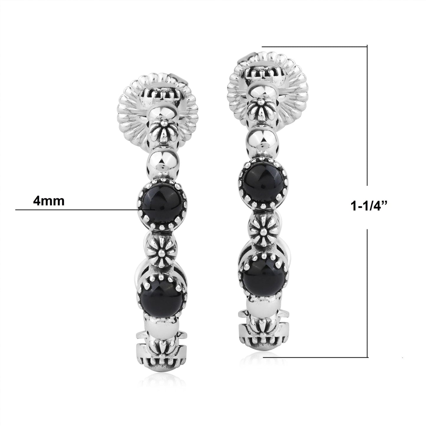 Sterling Silver Black Agate 1 Inch Concha Hoop Earrings 