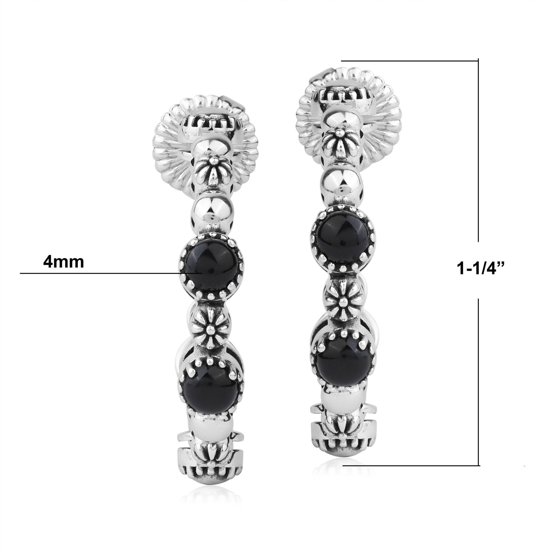 Sterling Silver Black Agate 1 Inch Concha Hoop Earrings 