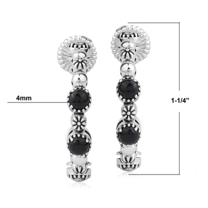 Sterling Silver Black Agate 1 Inch Concha Hoop Earrings 