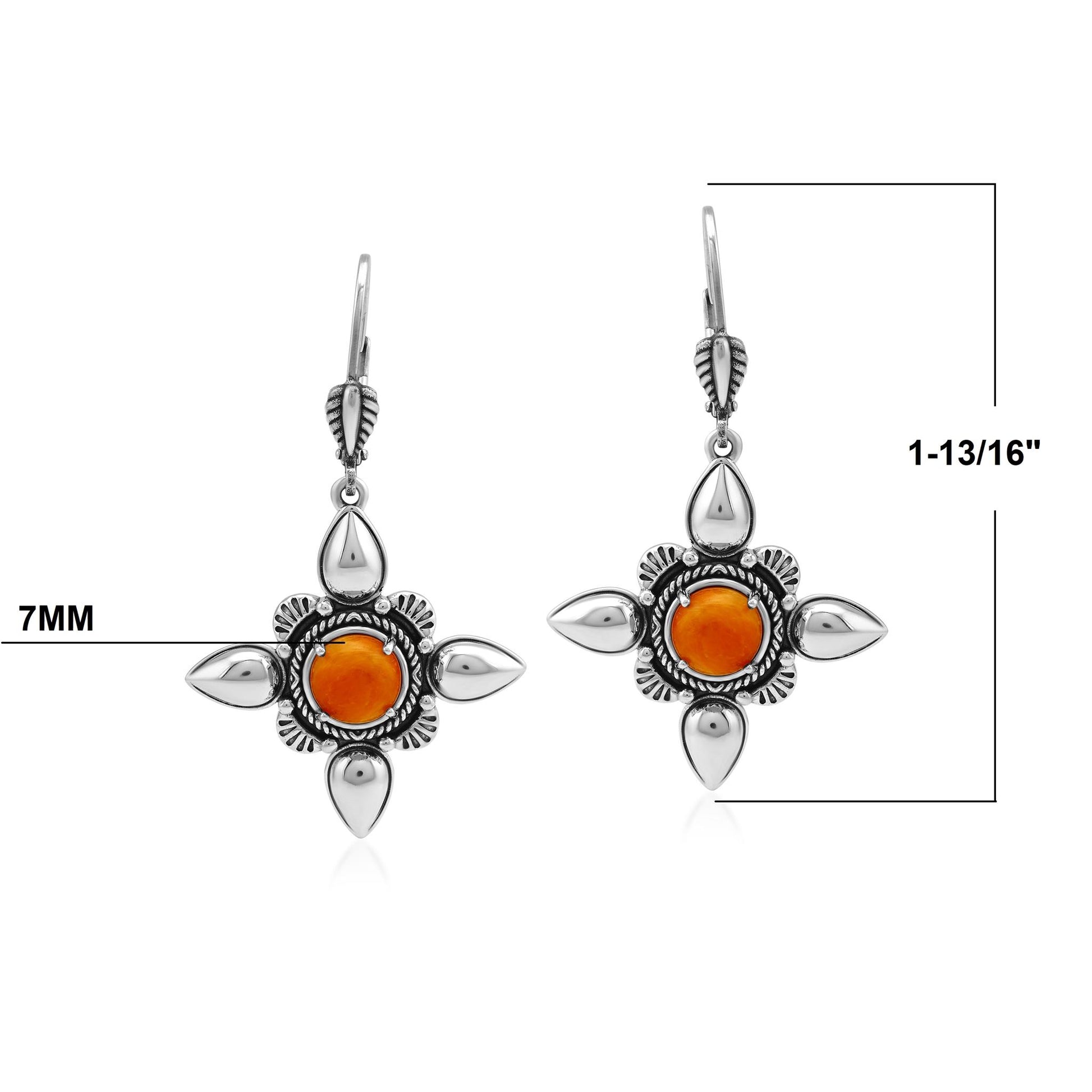Sterling Silver Orange Spiny Oyster Compass Star Lever Back Earrings