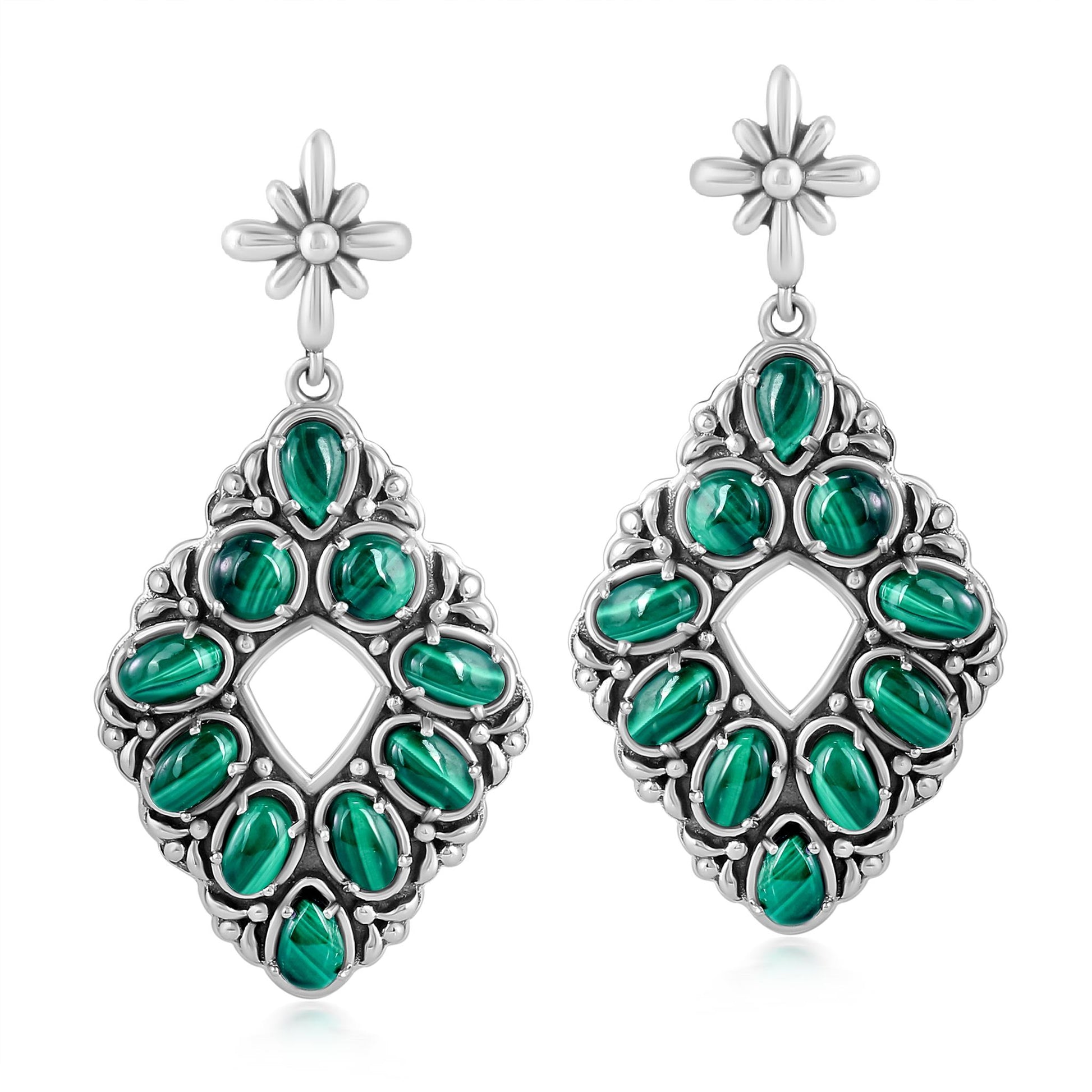 Sterling Silver Malachite Diamond Shaped Earrings