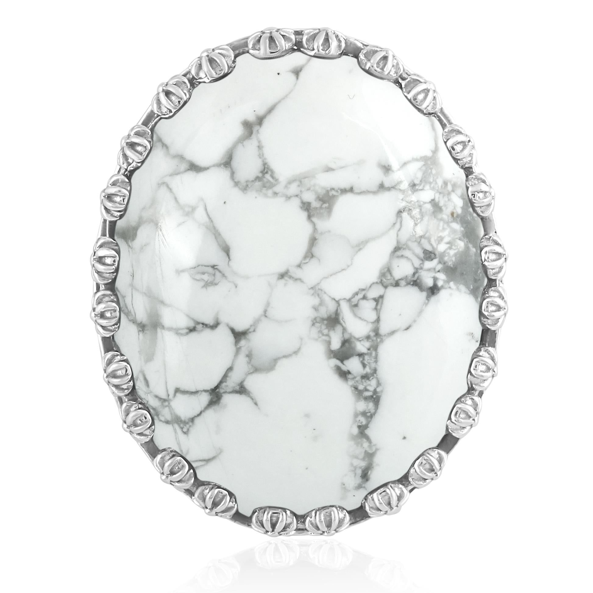 Sterling Silver White Howlite Concha Flower Border Oval Cut Ring