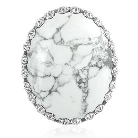 Sterling Silver White Howlite Concha Flower Border Oval Cut Ring