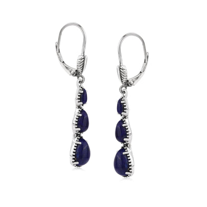 Sterling Silver Lapis 3-Pear Drop Lever Back Earrings