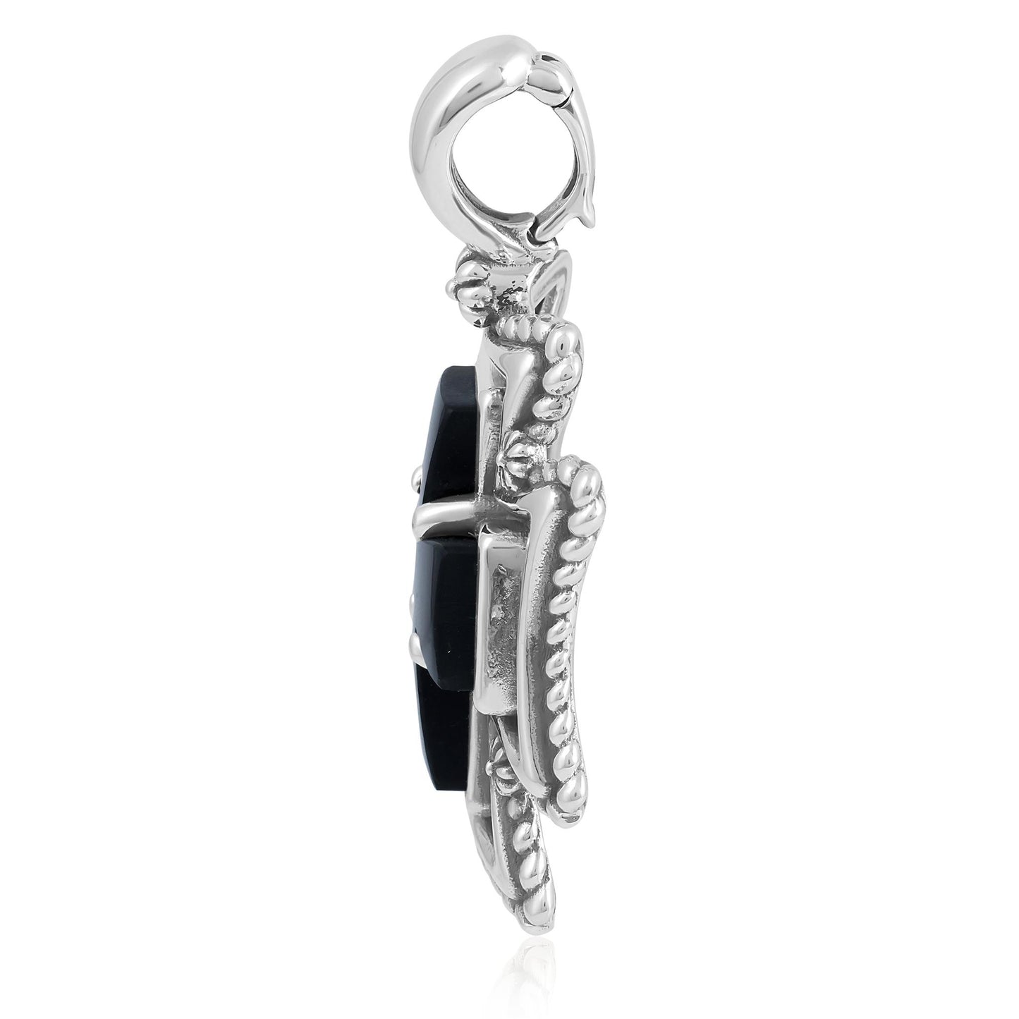 Sterling Silver Black Agate Rope Detail Cross Pendant Enhancer