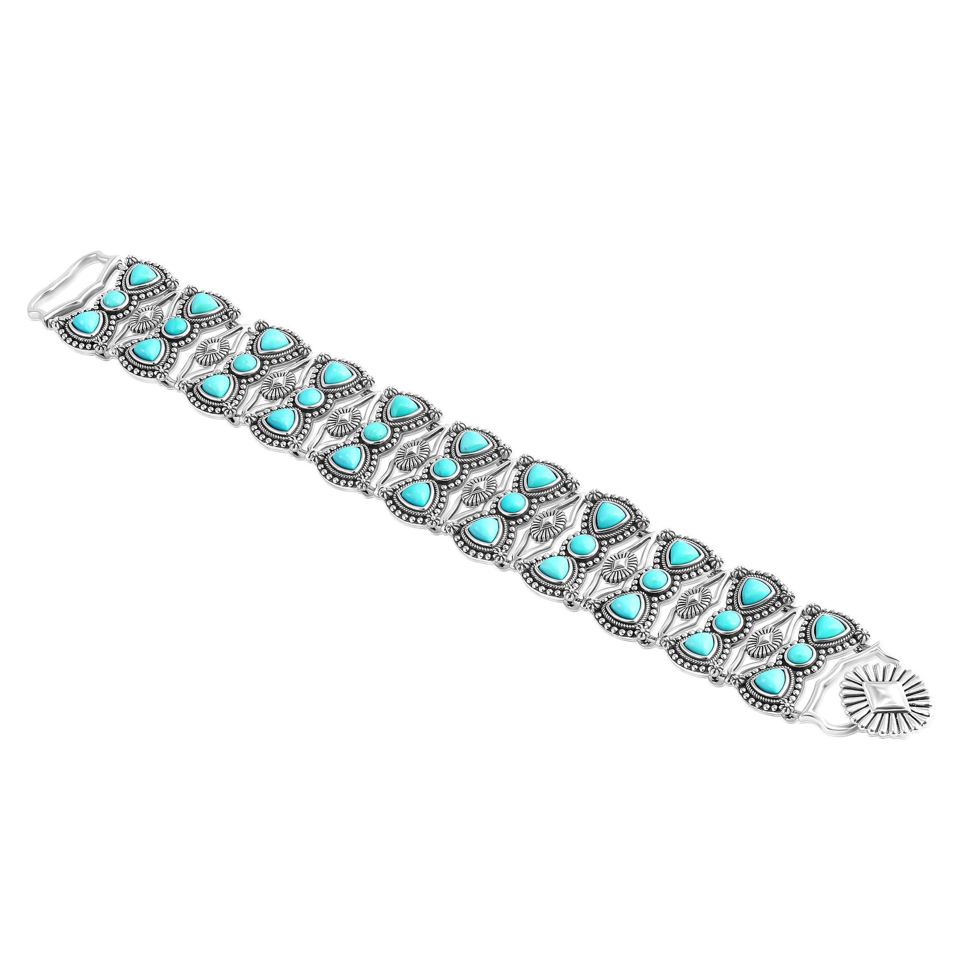 Sterling Silver Kingman Turquoise Round and Trillion Cut Link Bracelet, Sizes Small to Large