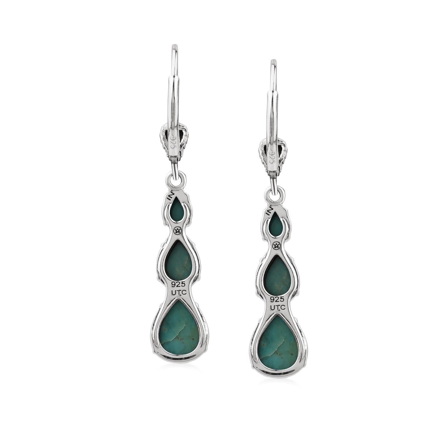  Sterling Silver Green Turquoise 3-Pear Drop Lever Back Earrings