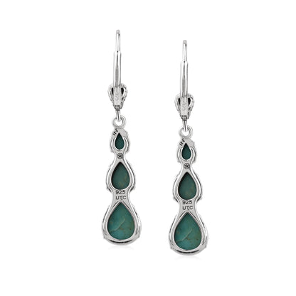  Sterling Silver Green Turquoise 3-Pear Drop Lever Back Earrings