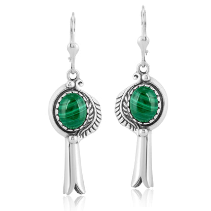 EXCLUSIVELY OURS! Sterling Silver Malachite Leaf and Squash Blossom Design Dangle Earrings