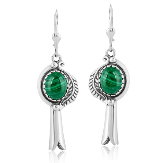 EXCLUSIVELY OURS! Sterling Silver Malachite Leaf and Squash Blossom Design Dangle Earrings