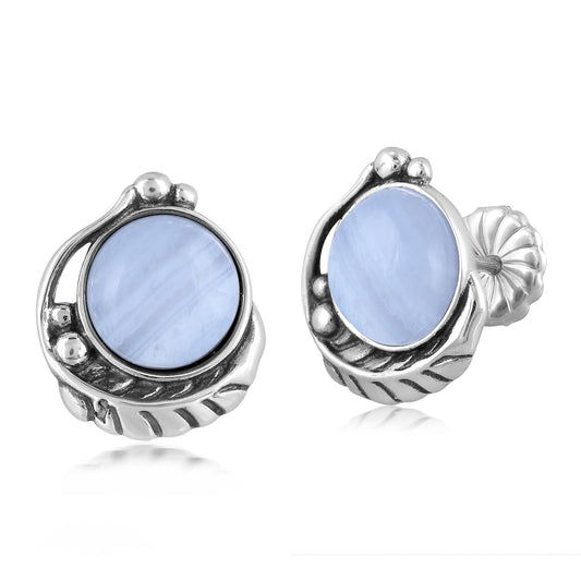 Sterling Silver Blue Lace Agate Leaf Button Earrings