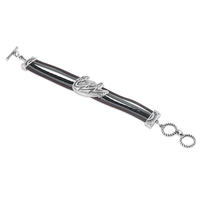 Sterling Silver Bear Design Multicolored Black Leather Toggle Bracelet